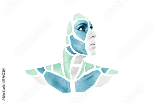 Portrait of person with shape of gray and blue polygons on face, neck, shoulders. Geometrical pattern isolated on white background.