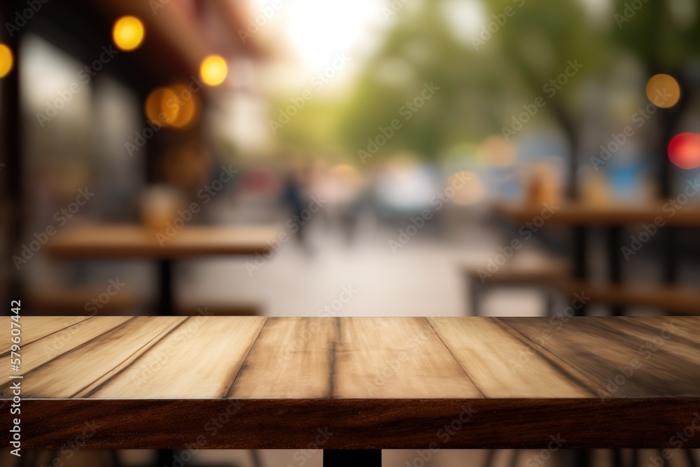 Wooden board empty table in front of blurred background. Perspective brown wood over blur in coffee shop - can be used for display or montage your products. Mock up for display of product