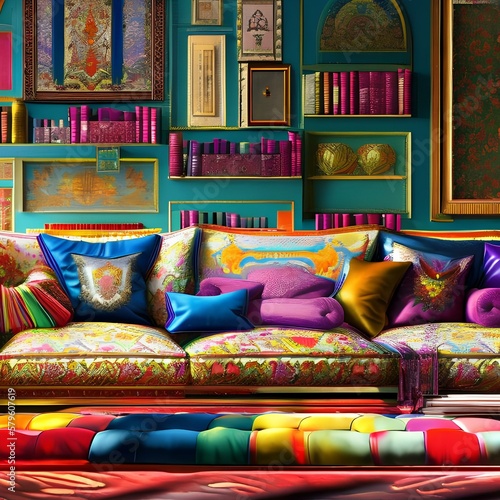 Couch with many colorful pillows 2_SwinIRGenerative AI © Ai.Art.Creations