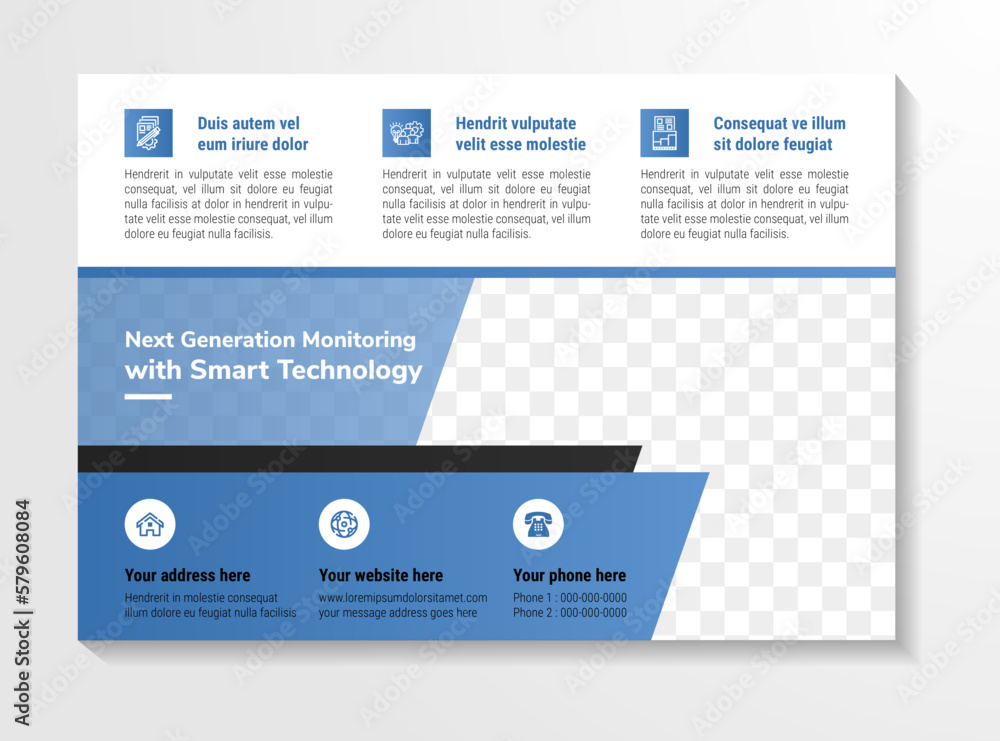 Obraz premium next generation monitoring with smart technology flyer design template use horizontal layout. white background combined with blue and black colors element. rectangle shape for space of photo collage.