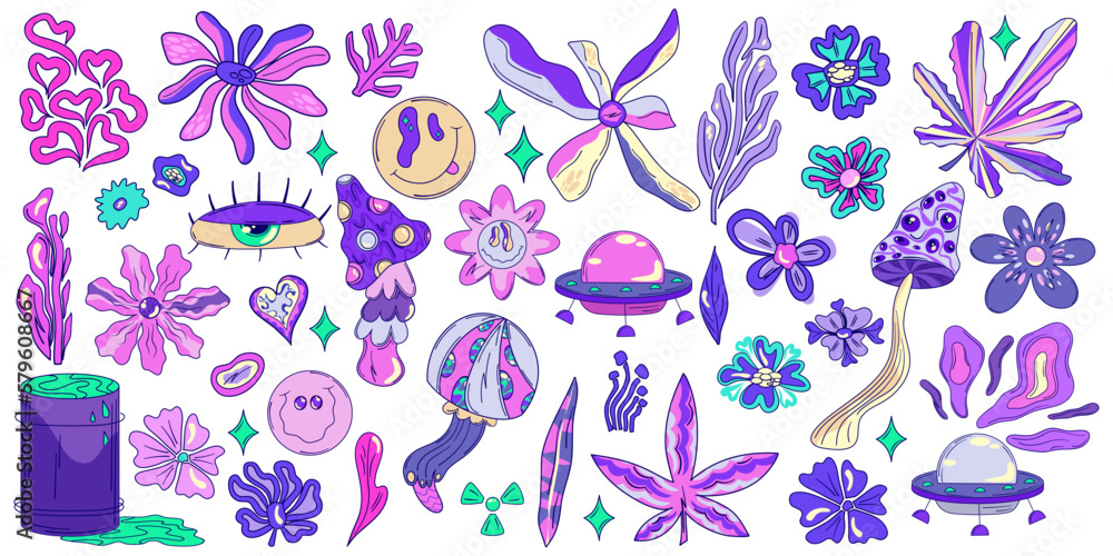 Trippy psychedelic flower set with ufo leaf and mushroom Hippy