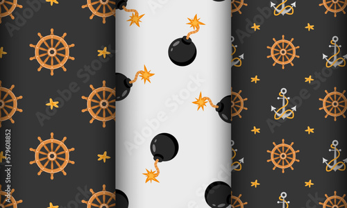 Set of seamless pattern with pirate steering wheels, cannonballs and anchors Childish vector illustration in flat cartoon style. Hand drawn fabric design or package paper.