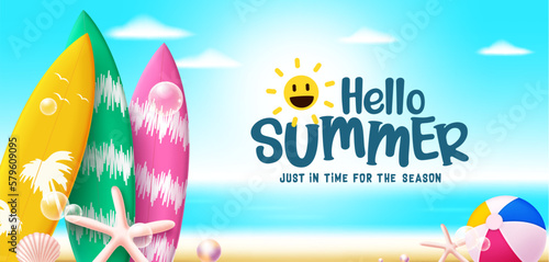 Hello summer vector design. Hello summer greeting text with surfboard and beach ball elements in background. Vector illustration summer background.
