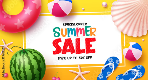 Summer sale vector design. Summer sale save up to 50% off text special promo offer for holiday season. Vector illustration summer sale template. 
