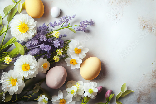 Easter background with copy space. Eggs  flowers  pastel colors illustration top view generative AI  generative  ai