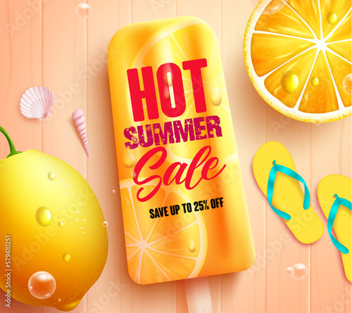 Summer sale vector design. Hot summer sale save up to 25% off in lemon popsicle fruit holiday discount. Vector illustration summer sale promo banner.
