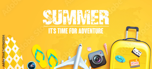 Summer vector background. Summer time adventure text in yellow empty space and holiday travel elements. Vector illustration summer holiday template.
