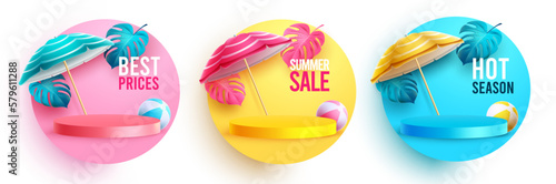 Summer product presentation vector set. Summer sale, best prices and hot season text with podium element for holiday collection. Vector illustration summer product display. 
