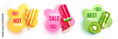 Summer sale vector set. Summer sale, best prices and hot season up to 50 % off promo discount text with tropical fruits and popsicle. Vector illustration summer sale abstract.
