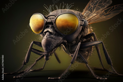 drooling aedes aegypti with goggles, dark gradient background, faint yellow light © Fernando