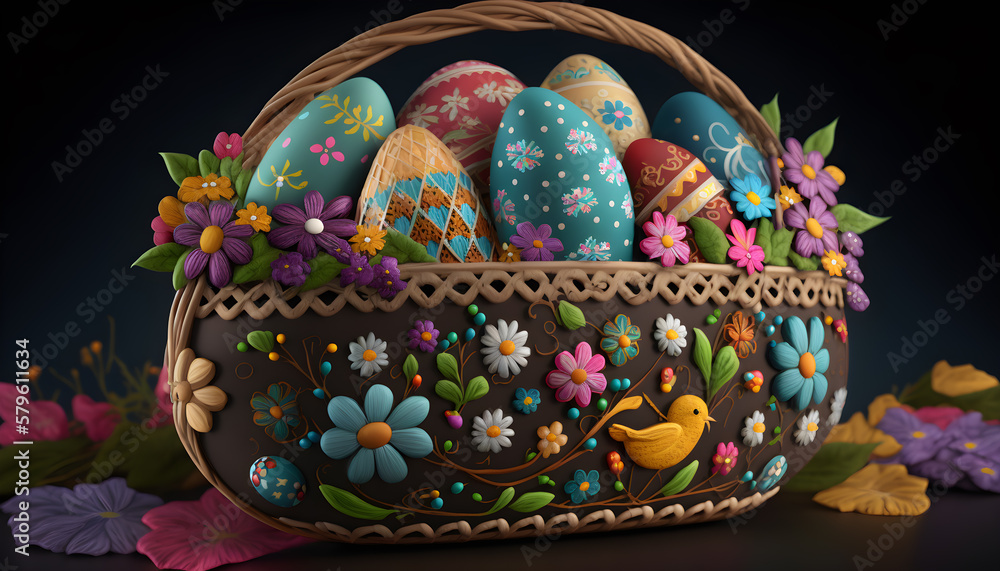 Easter basket with colorful easter eggs