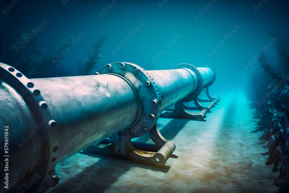 Gas pipeline under water, metal composite plastic material pipes at the