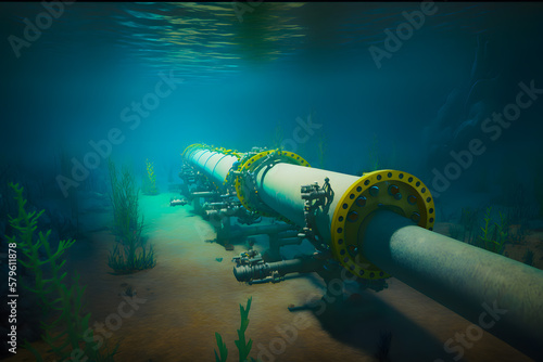 Gas pipeline under water, metal composite plastic material pipes at the bottom of the sea. The concept of oil gas pipeline, gas transportation. Generative AI