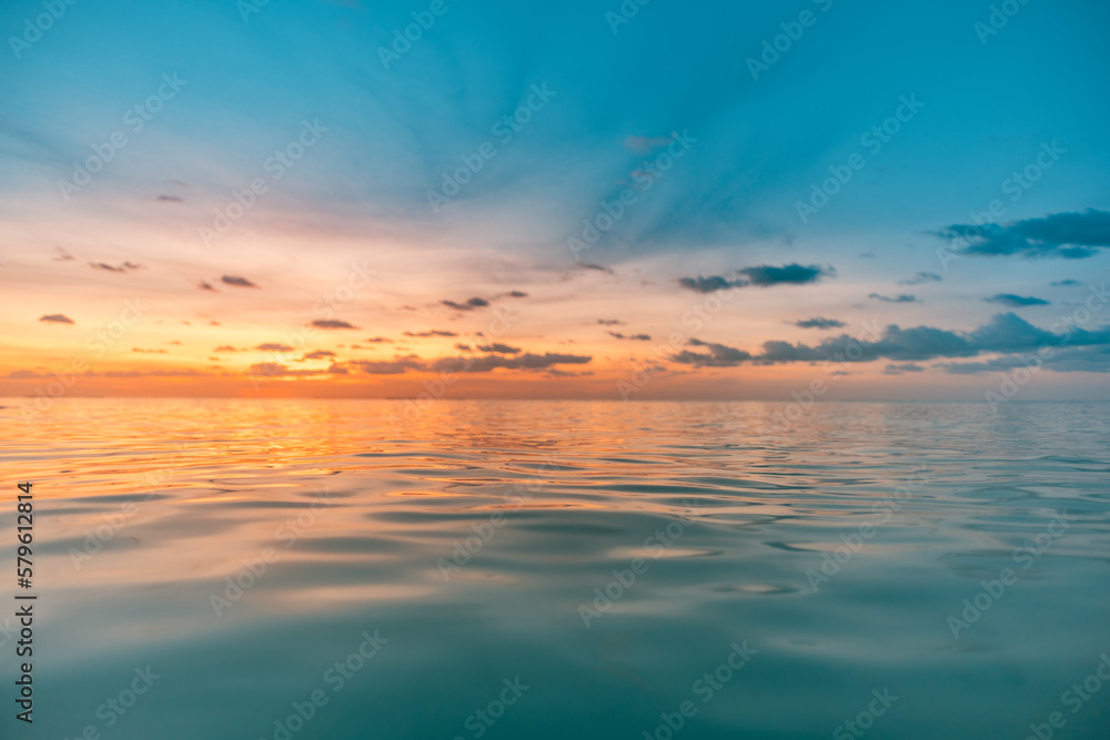 Fototapeta premium Panoramic sea skyline beach. Amazing sunrise beach landscape. Panorama of tropical beach seascape horizon. Abstract colorful sunset sky light tranquil relax summer seascape freedom wide angle seascape