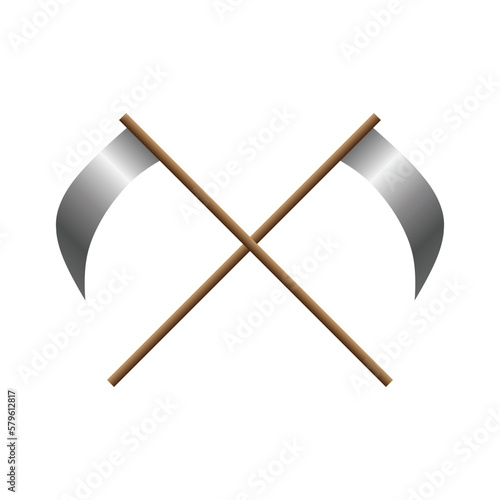 set of crossed scythe vector, isolated on white background. weapon, scythe, cross, crossed, crossed scythe, war, steel, blade, farmer, harvest, tool, equipment, clipart, sticker, vector illustration