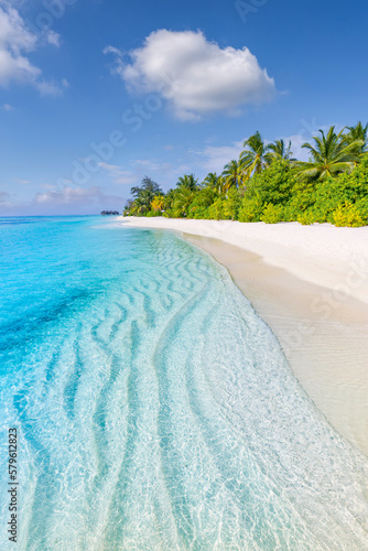 Beautiful amazing beach. Tropical shore background as summer landscape, white sand calm sea sky banner. Tranquil beach scene vacation and summer holiday concept. Dream sunny panoramic nature paradise