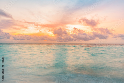 Fototapeta Naklejka Na Ścianę i Meble -  Panoramic sea skyline beach. Amazing sunrise beach landscape. Panorama of tropical beach seascape horizon. Abstract colorful sunset sky light tranquil relax summer seascape freedom wide angle seascape