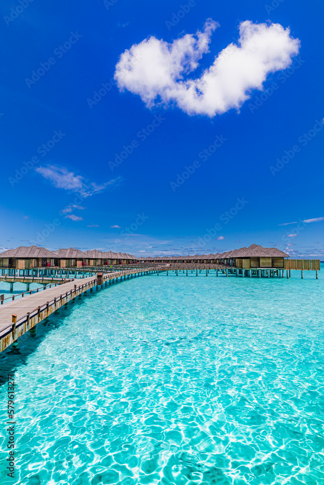Maldives paradise island. Tropical aerial landscape, seascape with jetty, water bungalows villas with amazing sea lagoon beach. Exotic tourism destination, summer vacation background. Aerial travel

