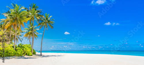 Beautiful amazing beach. Tropical shore background as summer landscape  white sand calm sea sky banner. Tranquil beach scene vacation and summer holiday concept. Dream sunny panoramic nature paradise