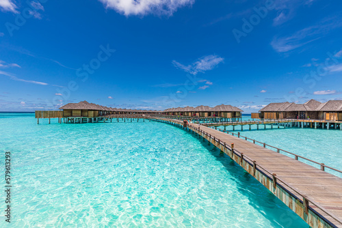 Maldives paradise island. Tropical aerial landscape, seascape with jetty, water bungalows villas with amazing sea lagoon beach. Exotic tourism destination, summer vacation background. Aerial travel  © icemanphotos