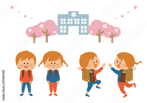 一年生　入学　ランドセルと子供のイラスト素材