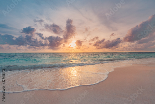 Fototapeta Naklejka Na Ścianę i Meble -  Closeup sea sand beach. Beautiful beach landscape. Inspire tropical beach seascape horizon. Dreamy sunset sky calm tranquil relax sunset summer mood. Positive energy, meditation summer tropical island