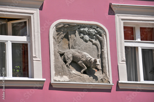 Sculpture on the buildings. Kłodzko, Lower Silesian Voivodeship, Poland.