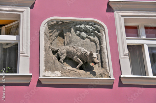 Sculpture on the buildings. Klodzko, Lower Silesian Voivodeship, Poland.