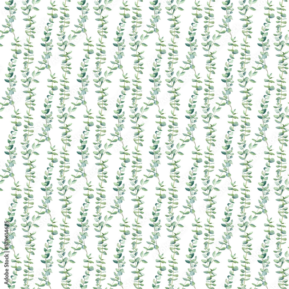 Delicate seamless watercolor pattern with eucalyptus branches, greenery Delicate seamless watercolor pattern with eucalyptus branches, greenery