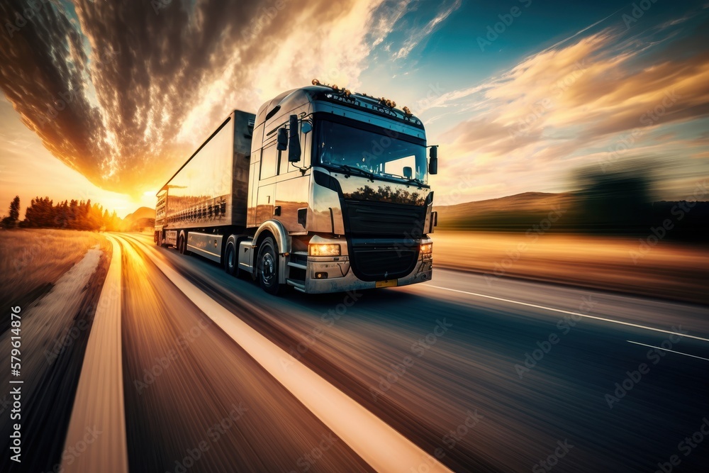 Modern Truck is speeding along the highway at beautiful summer sunset. Generative AI