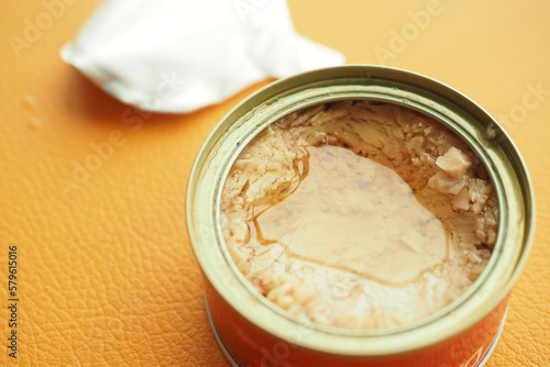 canned tuna on wooden table ,