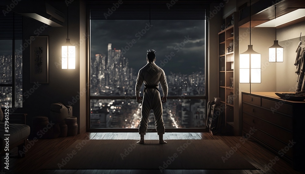Man Wearing Karate Gi Standing at a Window While Looking at a City Generative AI Man Wearing Karate Gi Standing at a Window While Looking at a City Generative AI