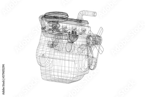3d illustration. Wireframe of old car straight inline engine