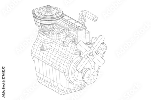 3d illustration. Wireframe of old car straight inline engine