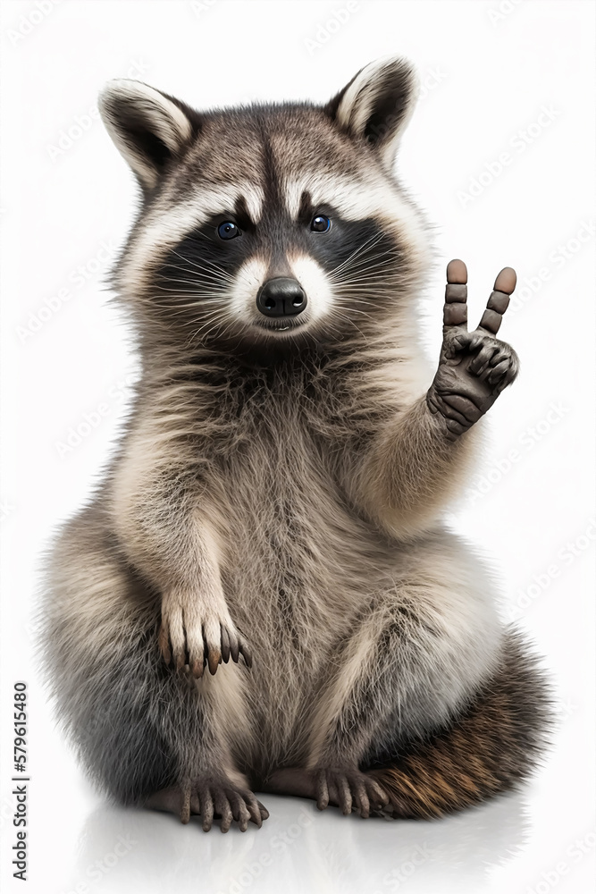 Funny raccoon, showing a sign peace. Generative AI