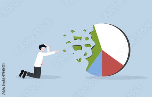 Loss money due to failed asset allocation, poor investment strategy, disappointed return from mistake diversification concept, Businessman mourning investment pie chart which fading away.