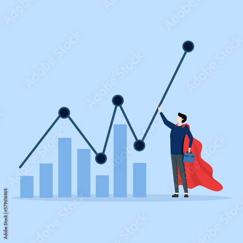 Concept Increase investment profit, superhero entrepreneur help increase chart, company sales or revenue, business growth or profit, help and support to improve performance, solution concept.