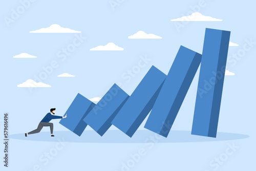 Small habits to change or increase productivity, entrepreneurs push small dominoes to make one bigger downfall. efficiency or improvement, a way to win business success or make a big impact concept.