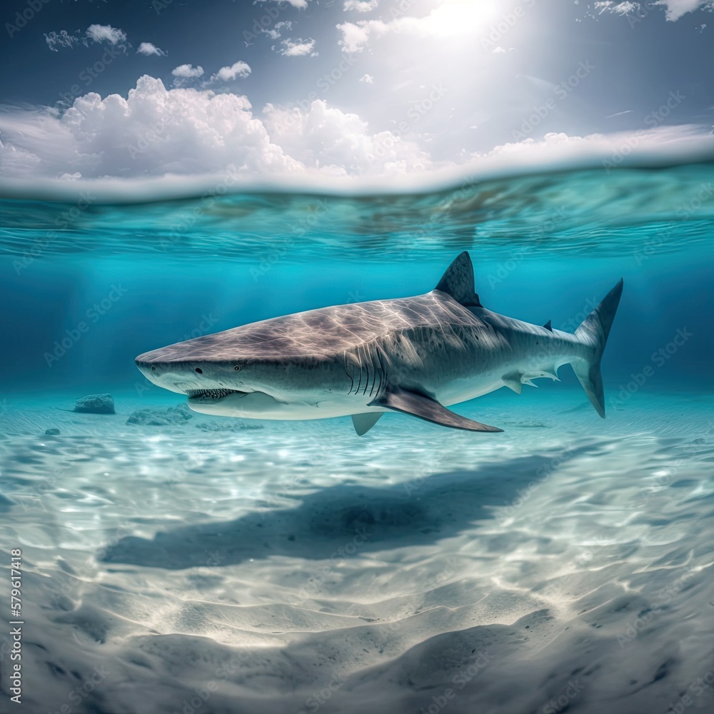 Fototapeta premium shark swimming under the caribbean sea GENERATIVE AI 