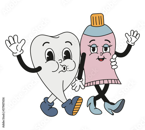 Groovy walking tooth and toothpaste in old classic cartoon style. Flat vector illustration. For card, poster, stickers.