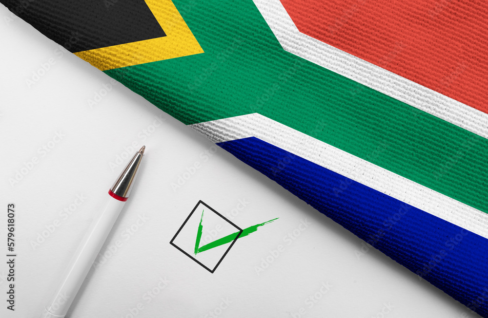 pencil, flag off South Africa and check mark on paper sheet
 - obrazy, fototapety, plakaty 