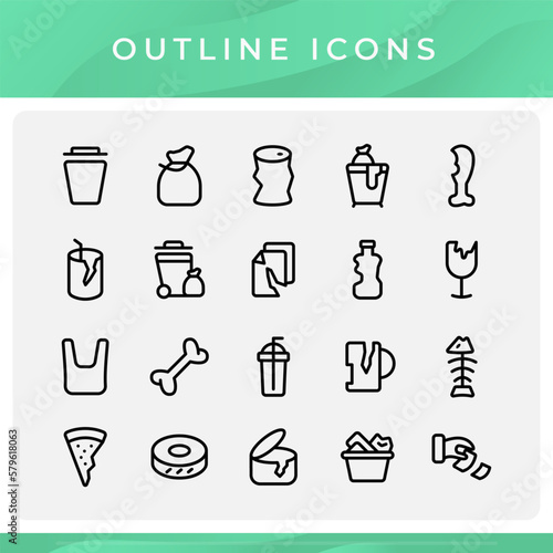 Set of waste and garbage line icons, plastic, paper, food,  glass, and more. Useable for element design web and infographic