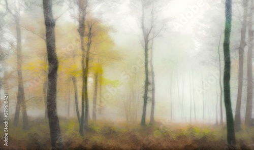  a painting of trees in a foggy forest with yellow leaves on the ground and a brown and green area in the middle of the picture. generative ai