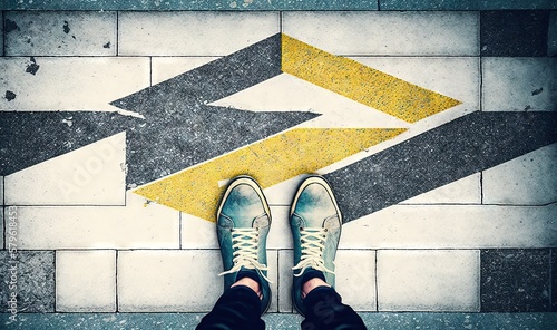  a person standing on a street with their feet on a yellow and black arrow painted on the ground next to a white and black arrow.  generative ai