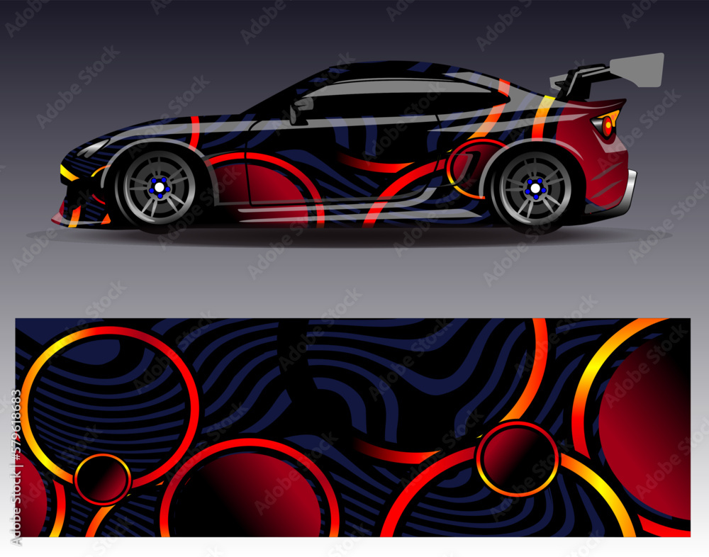 Naklejka premium Car wrap design vector. Graphic abstract stripe racing background kit designs for wrap vehicle race car rally adventure and livery
