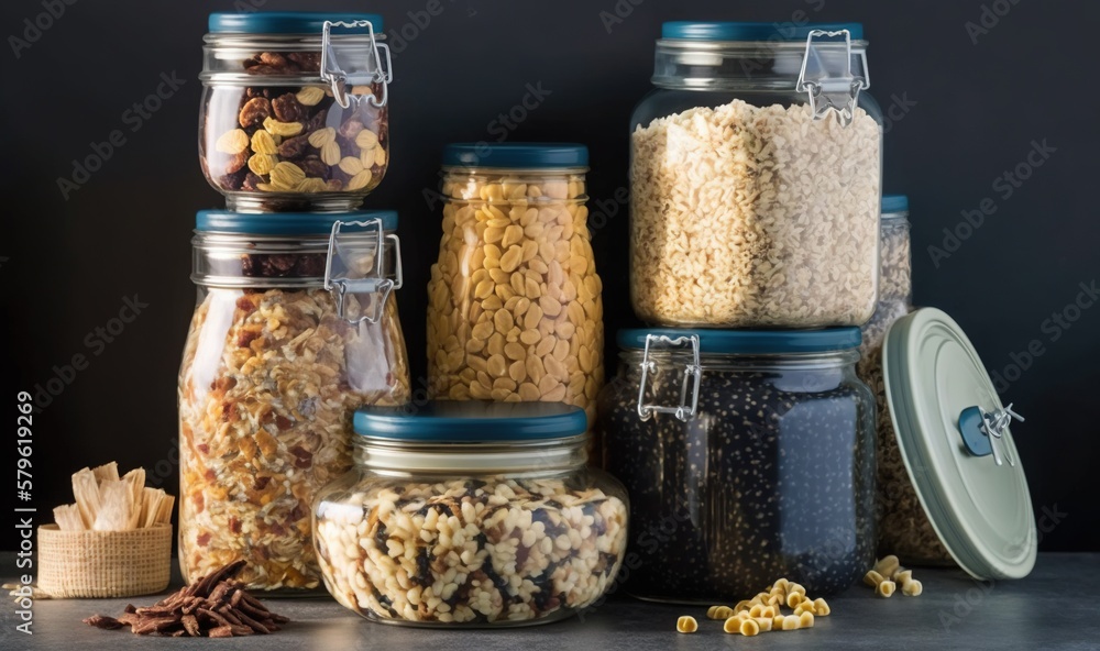 a group of jars filled with different types of food next to a canister