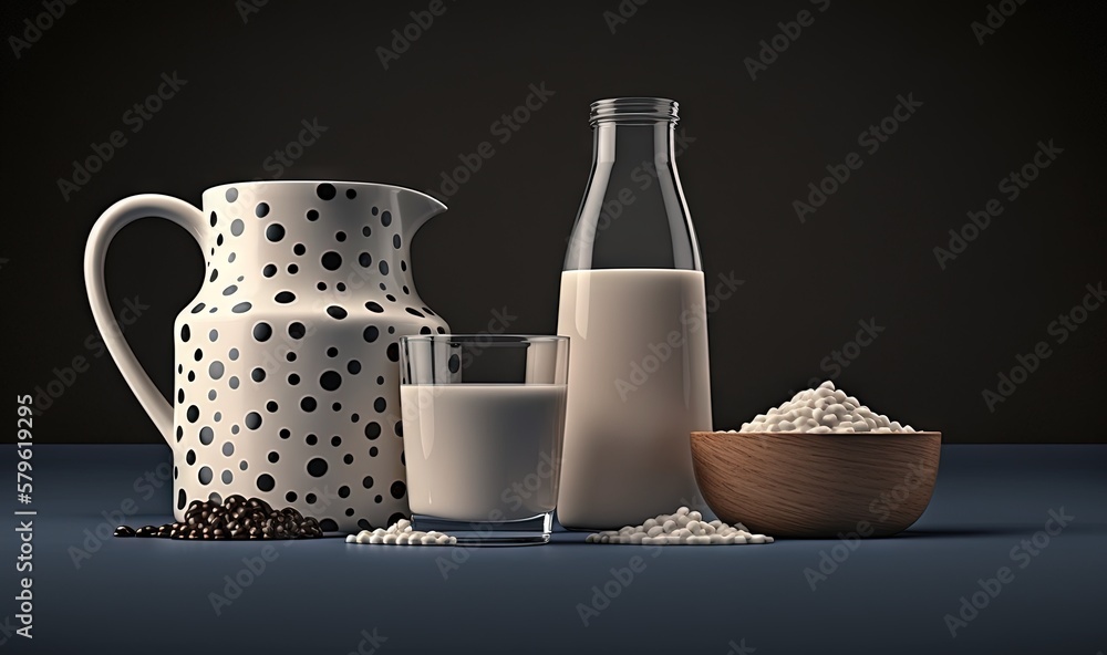 a table topped with a pitcher of milk next to a bowl of cereal and a glass of milk next to a jug of milk and a bowl of beans. generative ai a table topped with a pitcher of milk next to a bowl of cereal and a glass of milk next to a jug of milk and a bowl of beans. generative ai