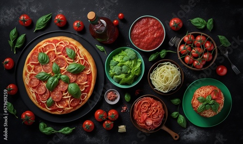 a pizza on a plate surrounded by different types of pasta and sauces on a black surface with tomatoes, basil, tomatoes, and other ingredients. generative ai