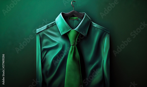  a green shirt and a green tie hang on a clothes hanger on a green background with a green background and a black hanger with a green tie.  generative ai © Nadia