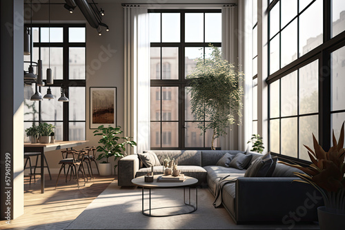 modern light apartment with big windows  generative AI